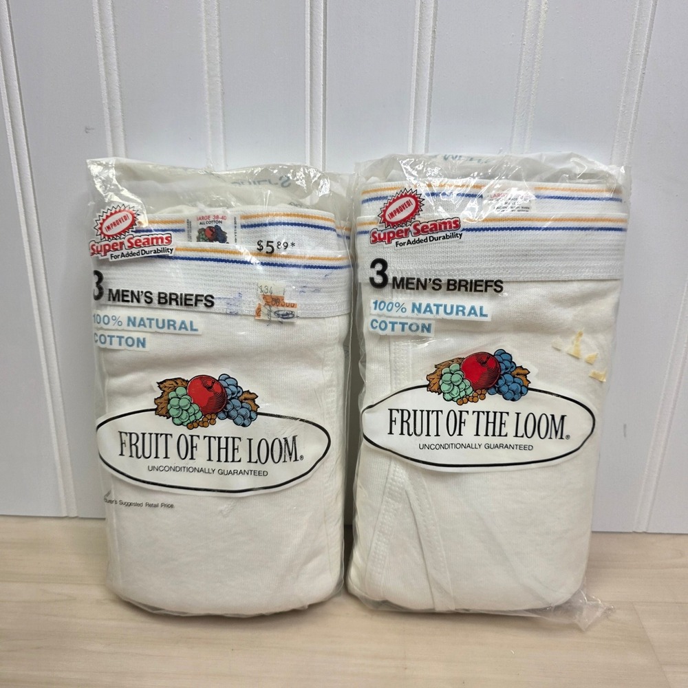 Vintage 1983 Fruit of the Loom Mens Briefs 6 Pack White Cotton Made in USA Large